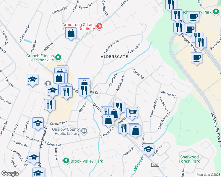 map of restaurants, bars, coffee shops, grocery stores, and more near 116 Brenda Drive in Jacksonville