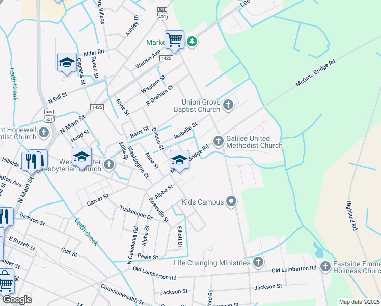 map of restaurants, bars, coffee shops, grocery stores, and more near 918 McGirts Bridge Road in Laurinburg