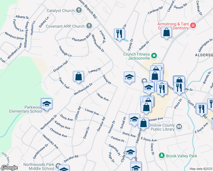map of restaurants, bars, coffee shops, grocery stores, and more near 1516 Clifton Road in Jacksonville