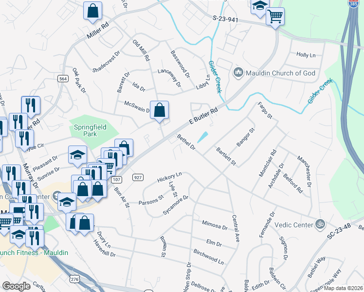 map of restaurants, bars, coffee shops, grocery stores, and more near 204 Cambria Court in Mauldin