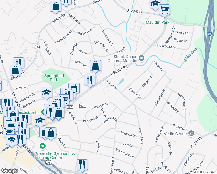 map of restaurants, bars, coffee shops, grocery stores, and more near 204 Cambria Court in Mauldin