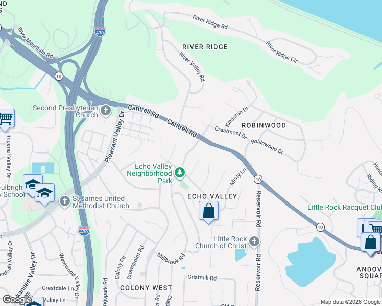 map of restaurants, bars, coffee shops, grocery stores, and more near 3320 Millbrook Road in Little Rock