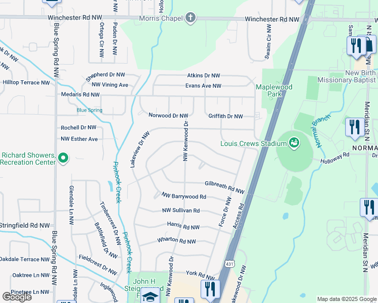 map of restaurants, bars, coffee shops, grocery stores, and more near 2128 Lynn Road Northwest in Huntsville