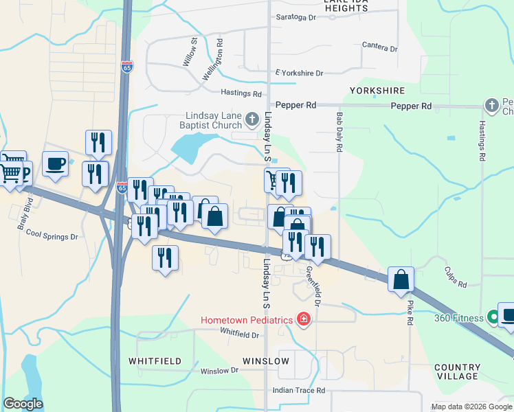 map of restaurants, bars, coffee shops, grocery stores, and more near 21965 Williamsburg Drive in Athens