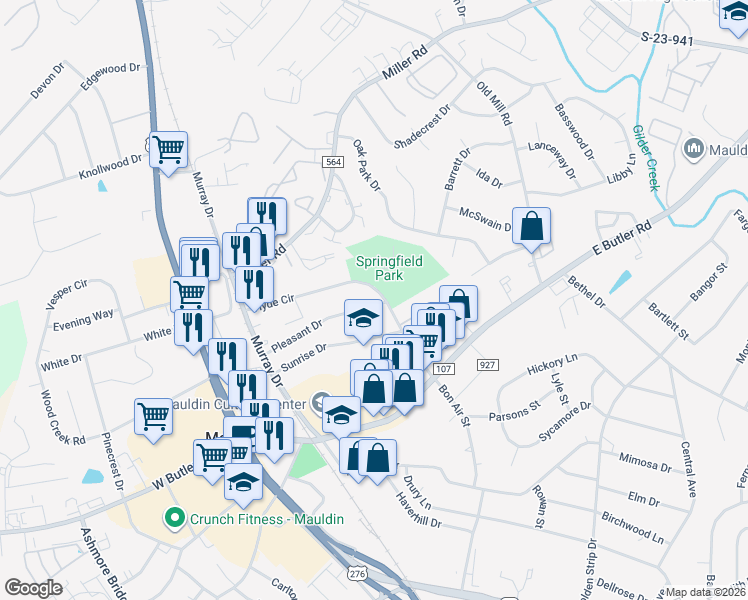 map of restaurants, bars, coffee shops, grocery stores, and more near 204 Hyde Circle in Mauldin