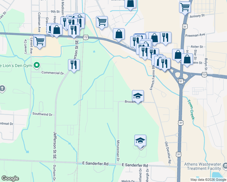 map of restaurants, bars, coffee shops, grocery stores, and more near 315 Brookhill Drive in Athens