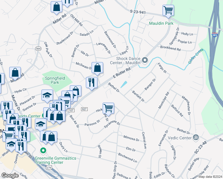 map of restaurants, bars, coffee shops, grocery stores, and more near 107 Cambria Court in Mauldin