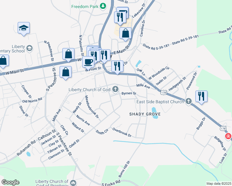 map of restaurants, bars, coffee shops, grocery stores, and more near 3 Jefferson Street in Liberty