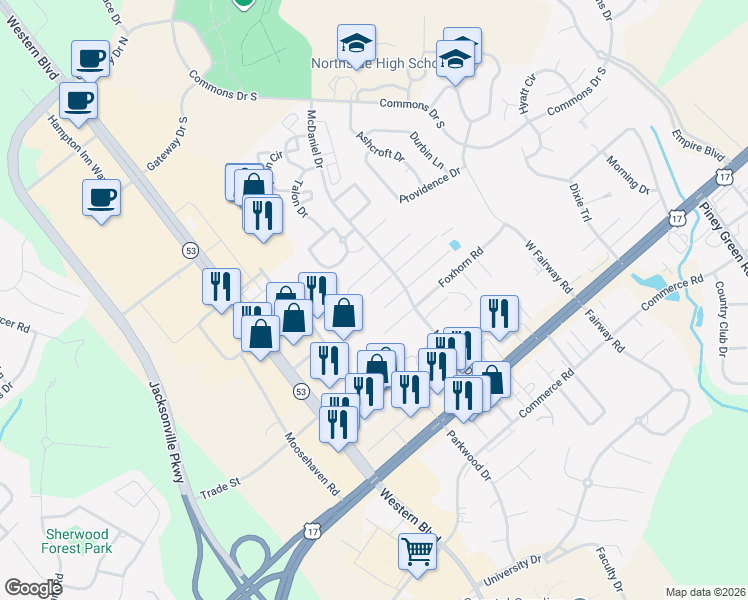 map of restaurants, bars, coffee shops, grocery stores, and more near 2037 West Steeplechase Court in Jacksonville