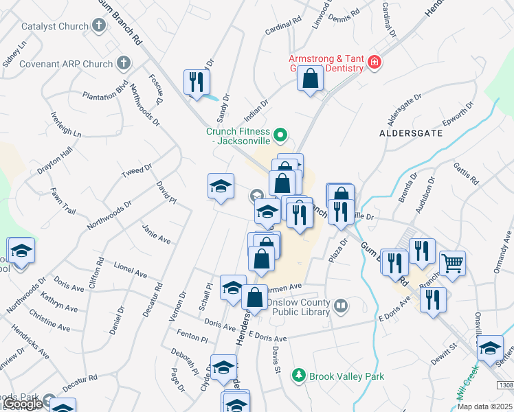 map of restaurants, bars, coffee shops, grocery stores, and more near 1021 Henderson Drive in Jacksonville