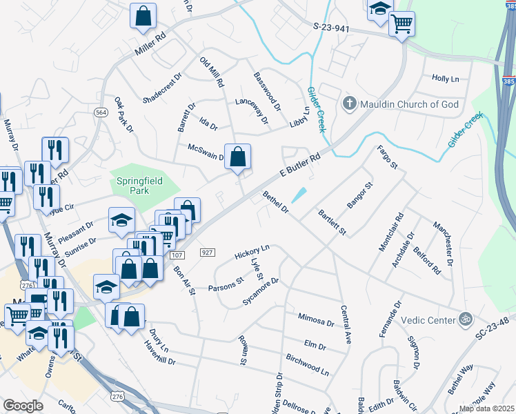 map of restaurants, bars, coffee shops, grocery stores, and more near 204 Cambria Court in Mauldin