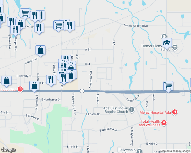 map of restaurants, bars, coffee shops, grocery stores, and more near 819 Summer Tree Lane in Ada