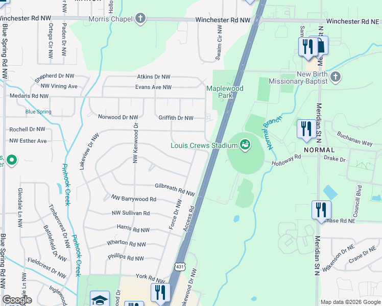 map of restaurants, bars, coffee shops, grocery stores, and more near 4603 Force Drive Northwest in Huntsville