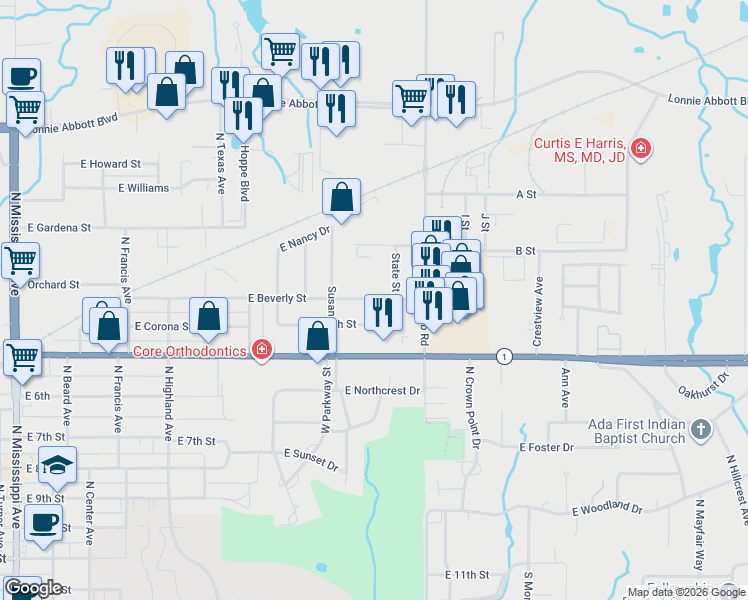 map of restaurants, bars, coffee shops, grocery stores, and more near 1729 East Beverly Street in Ada