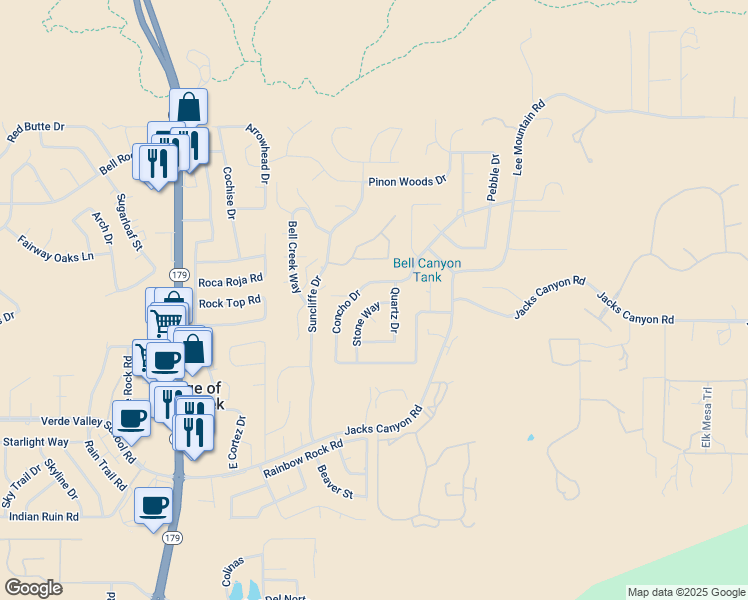 map of restaurants, bars, coffee shops, grocery stores, and more near 115 Stone Way in Sedona