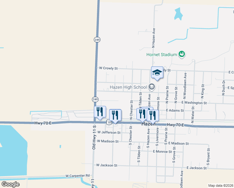 map of restaurants, bars, coffee shops, grocery stores, and more near 407 West Cleveland Street in Hazen