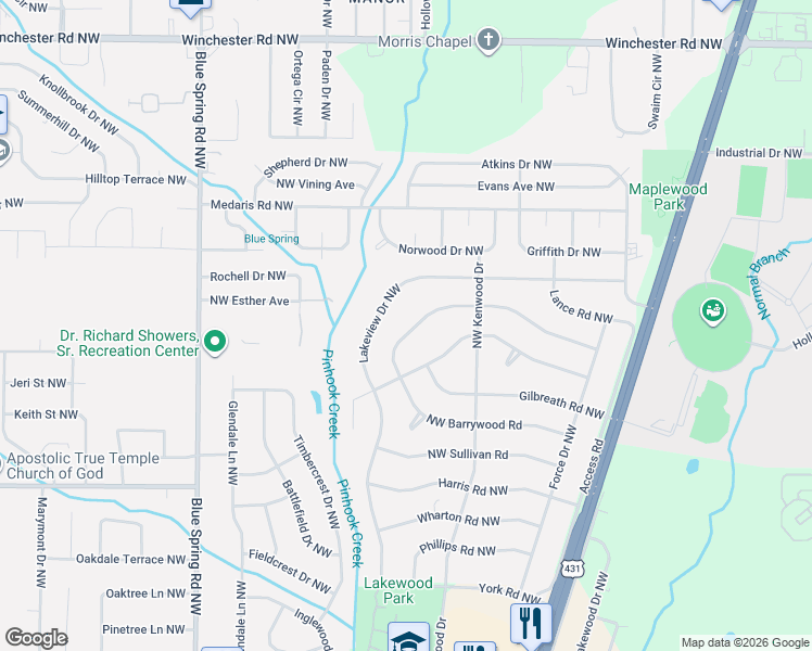 map of restaurants, bars, coffee shops, grocery stores, and more near 2218 Norris Road Northwest in Huntsville