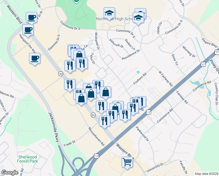 map of restaurants, bars, coffee shops, grocery stores, and more near 2028 Derby Run Road in Jacksonville