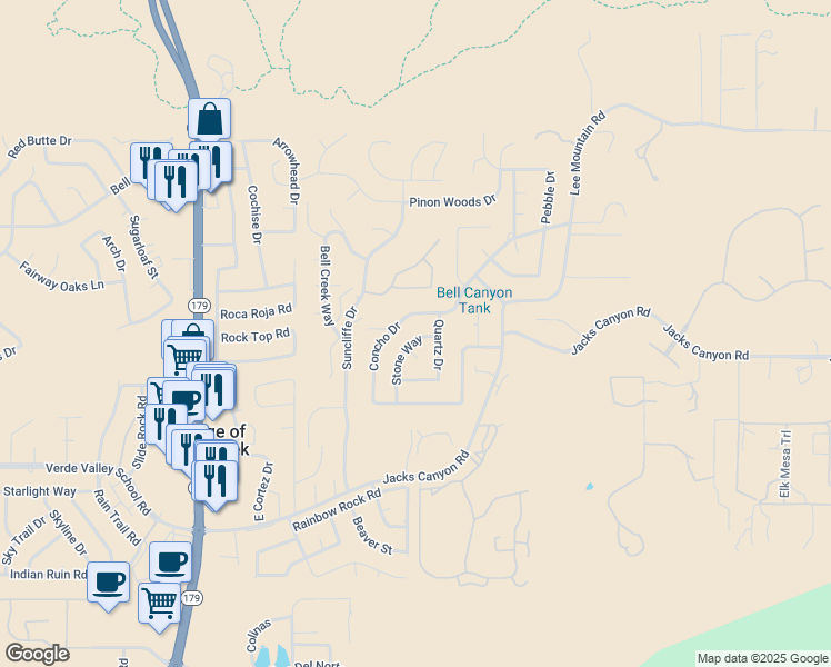 map of restaurants, bars, coffee shops, grocery stores, and more near 115 Stone Way in Sedona