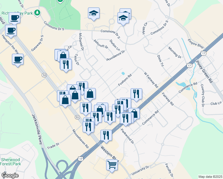 map of restaurants, bars, coffee shops, grocery stores, and more near 3001 Foxhorn Road in Jacksonville
