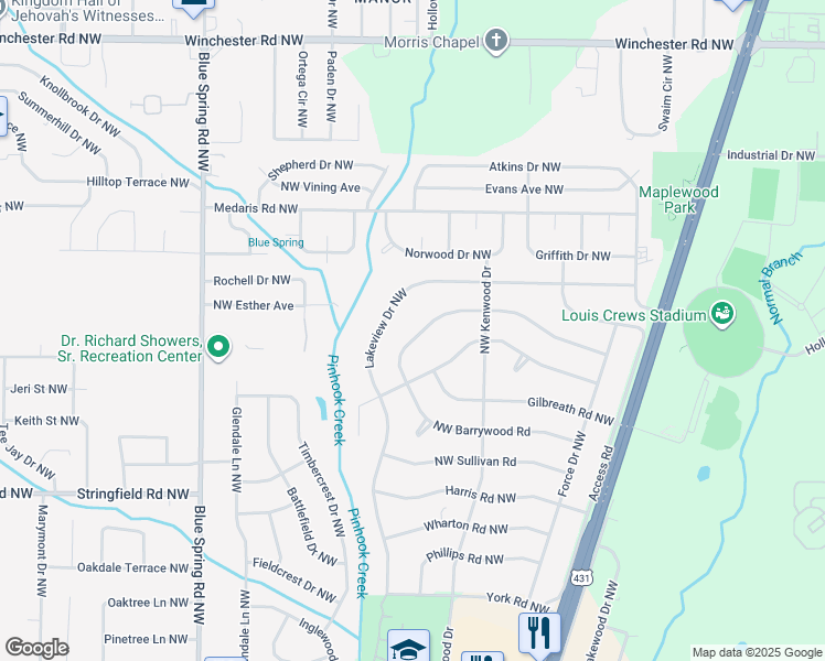 map of restaurants, bars, coffee shops, grocery stores, and more near 2218 Norris Road Northwest in Huntsville