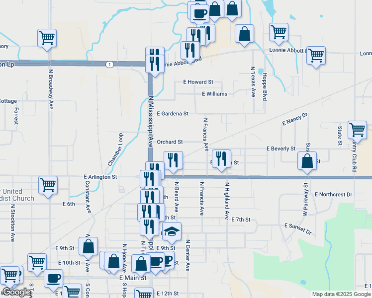 map of restaurants, bars, coffee shops, grocery stores, and more near 815 Orchard Street in Ada
