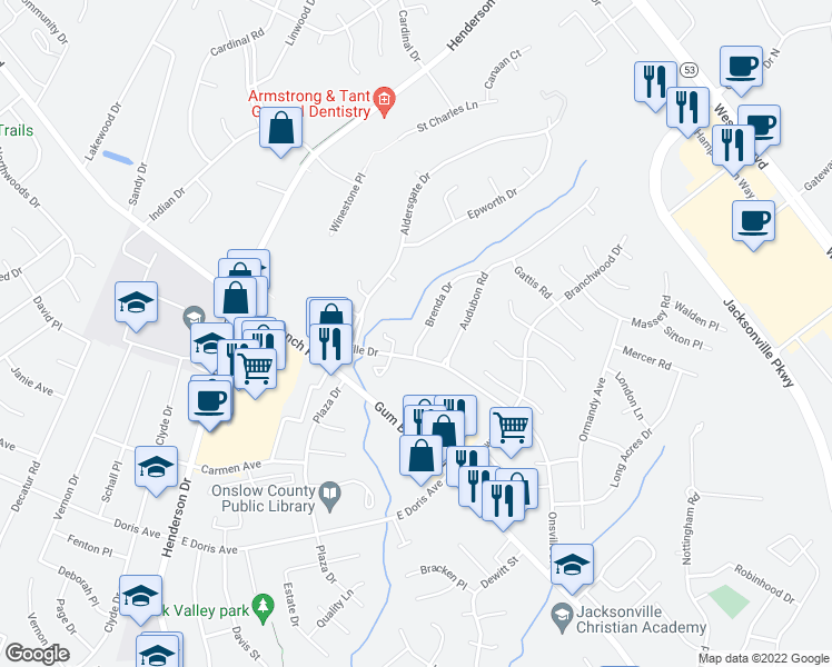 map of restaurants, bars, coffee shops, grocery stores, and more near 117 Brenda Drive in Jacksonville