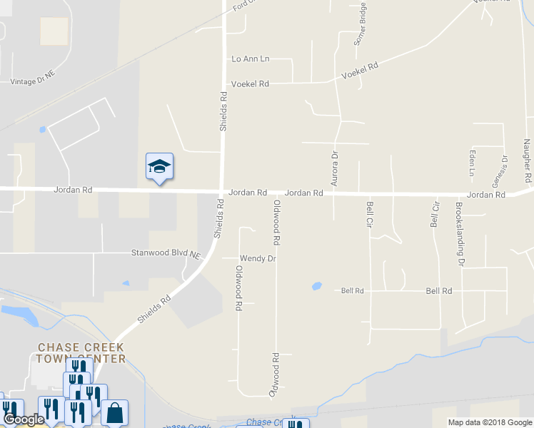 map of restaurants, bars, coffee shops, grocery stores, and more near 104 Oldwood Road in Huntsville