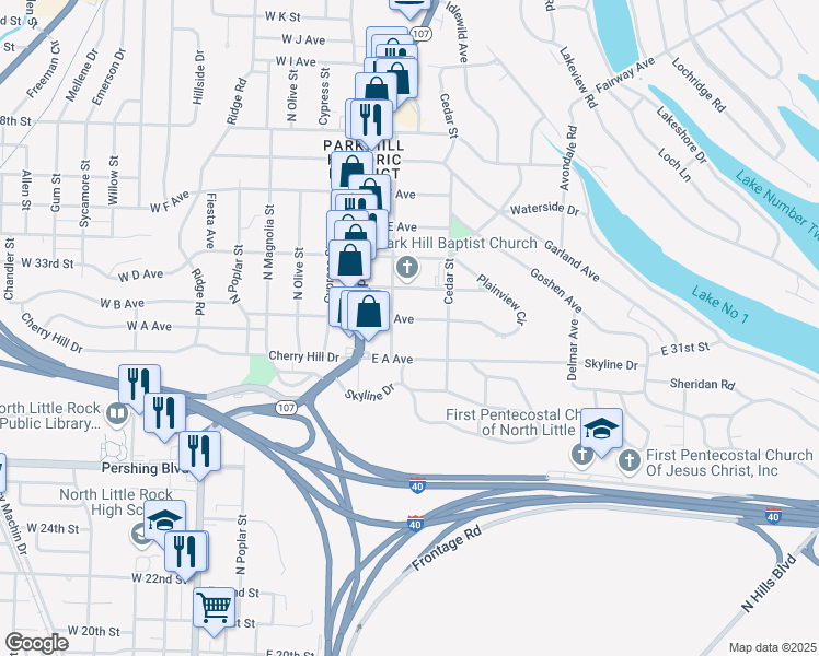 map of restaurants, bars, coffee shops, grocery stores, and more near 3114 Pine Street in North Little Rock