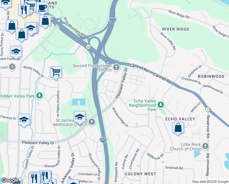 map of restaurants, bars, coffee shops, grocery stores, and more near 307 Cambridge Place Drive in Little Rock