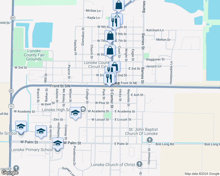 map of restaurants, bars, coffee shops, grocery stores, and more near 105 Front Street Southwest in Lonoke