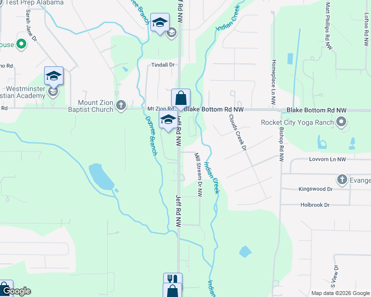 map of restaurants, bars, coffee shops, grocery stores, and more near 989 Jeff Road Northwest in Huntsville