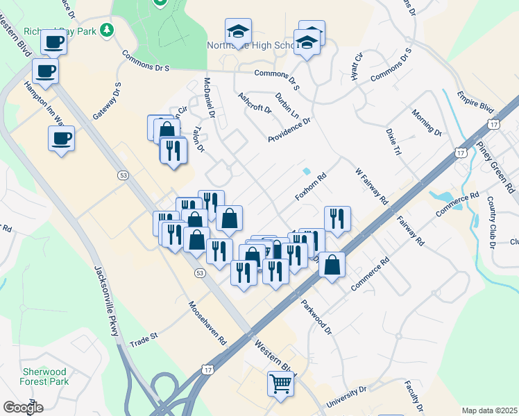map of restaurants, bars, coffee shops, grocery stores, and more near 2043 Steeple Chase Court in Jacksonville