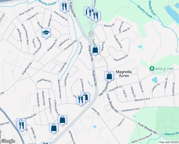 map of restaurants, bars, coffee shops, grocery stores, and more near 109 Woodmont Circle in Greenville