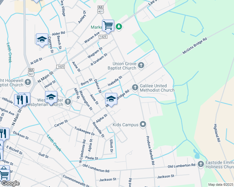 map of restaurants, bars, coffee shops, grocery stores, and more near 918 McGirts Bridge Road in Laurinburg