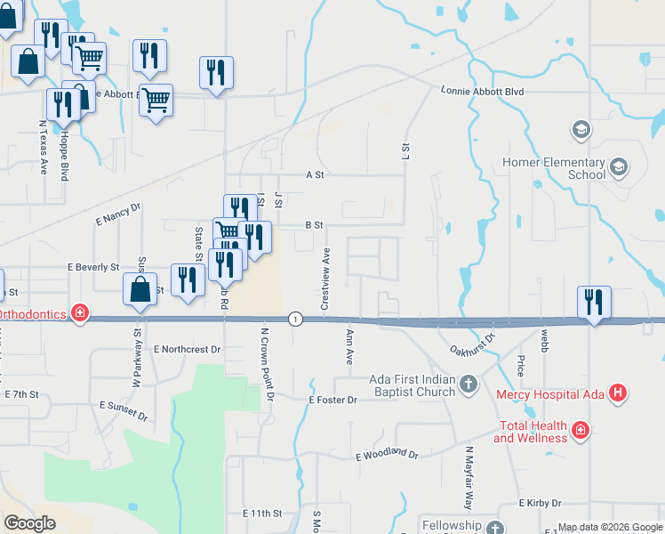 map of restaurants, bars, coffee shops, grocery stores, and more near 819 Summer Tree Lane in Ada