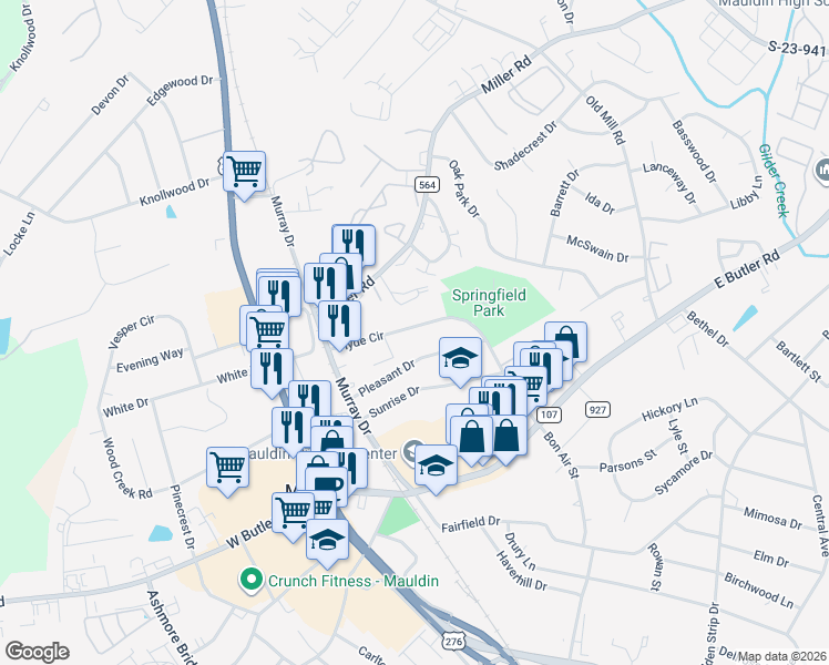 map of restaurants, bars, coffee shops, grocery stores, and more near 118 Hyde Circle in Mauldin