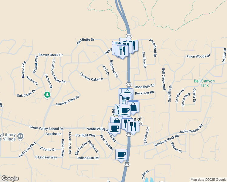 map of restaurants, bars, coffee shops, grocery stores, and more near 65 Chaparral Drive in Sedona