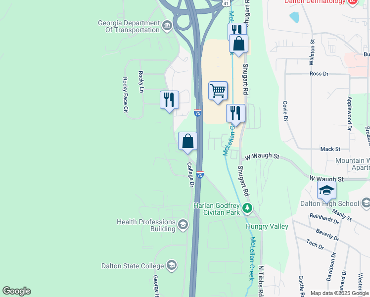 map of restaurants, bars, coffee shops, grocery stores, and more near 823 North Tibbs Road in Dalton