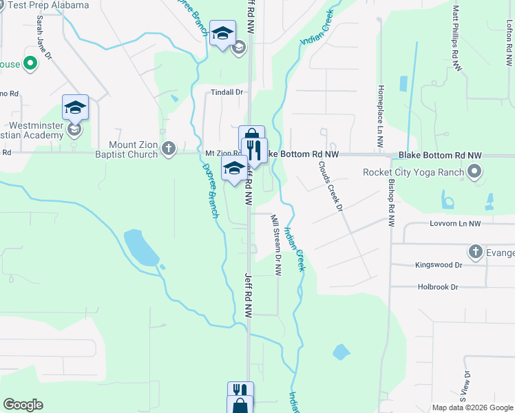 map of restaurants, bars, coffee shops, grocery stores, and more near 989 Jeff Road Northwest in Huntsville