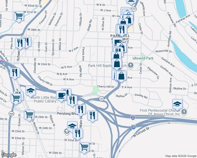 map of restaurants, bars, coffee shops, grocery stores, and more near 3119 North Olive Street in North Little Rock