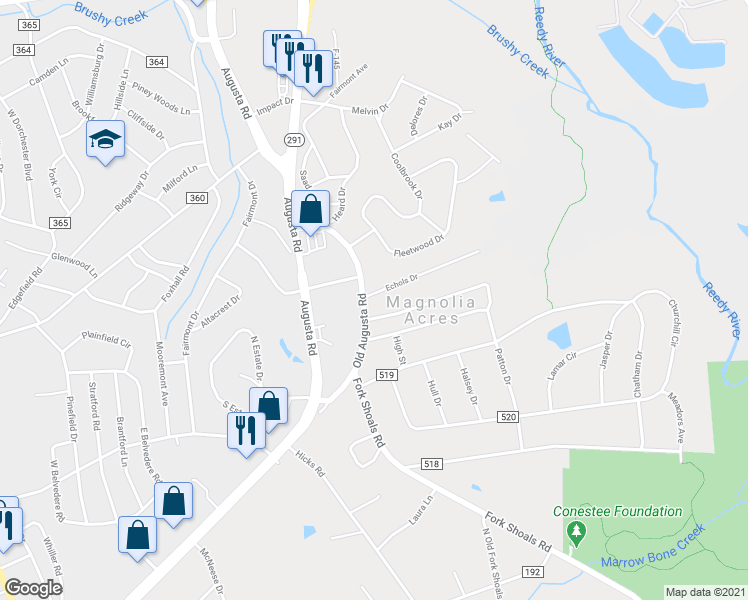 map of restaurants, bars, coffee shops, grocery stores, and more near 5051 Old Augusta Road in Greenville