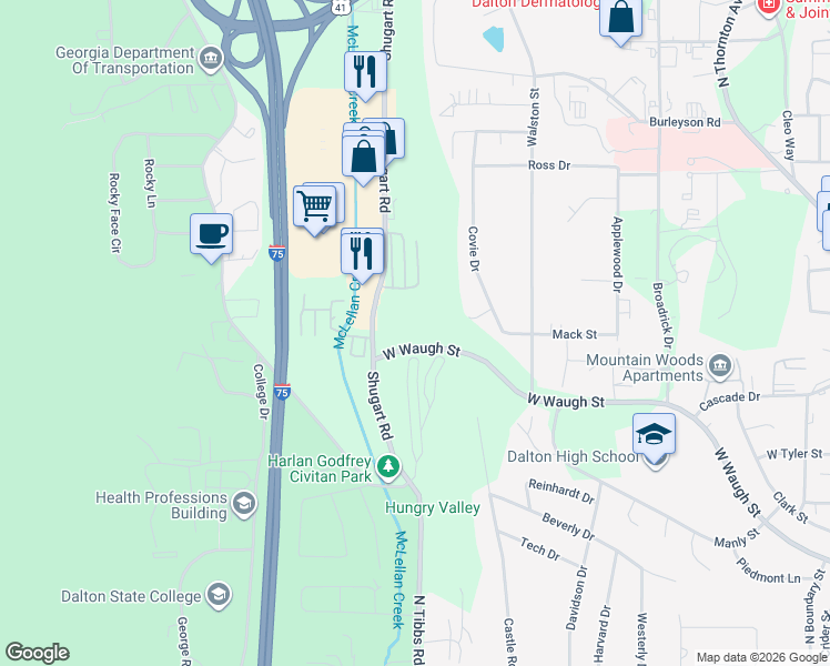 map of restaurants, bars, coffee shops, grocery stores, and more near 1806 Shadow Lane in Dalton