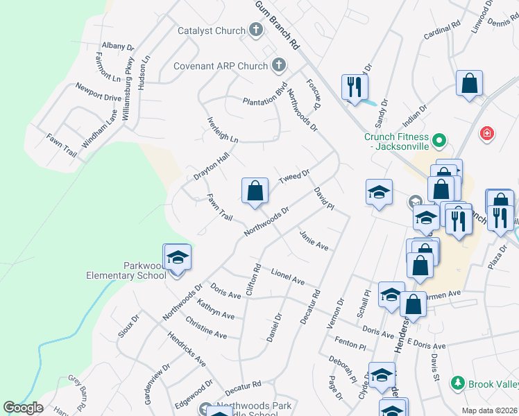 map of restaurants, bars, coffee shops, grocery stores, and more near 311 Ramona Avenue in Jacksonville