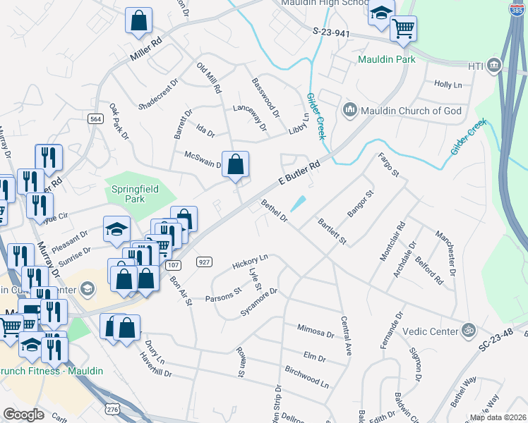map of restaurants, bars, coffee shops, grocery stores, and more near 204 Cambria Court in Mauldin