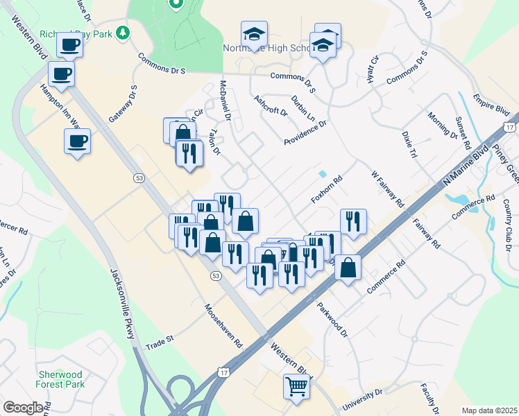 map of restaurants, bars, coffee shops, grocery stores, and more near 2035 West Windgate Court in Jacksonville