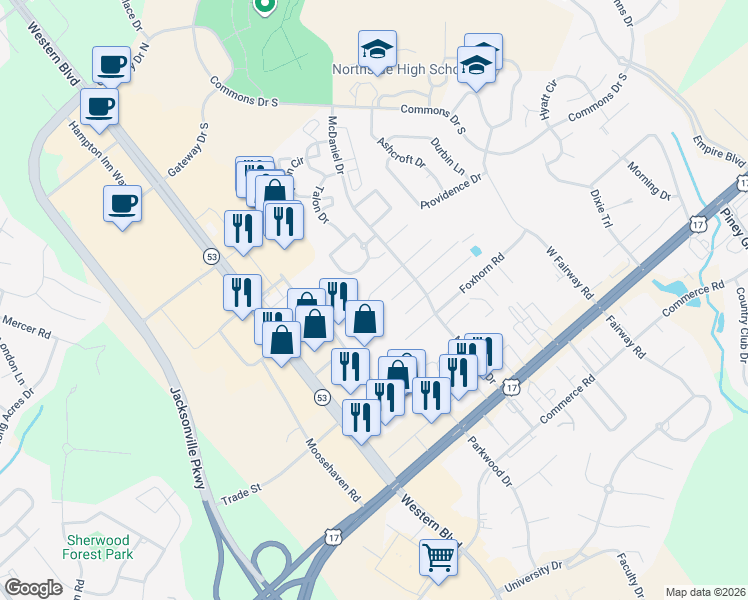 map of restaurants, bars, coffee shops, grocery stores, and more near 2023 Derby Run Road in Jacksonville