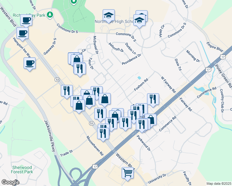 map of restaurants, bars, coffee shops, grocery stores, and more near 2040 West Windgate Court in Jacksonville
