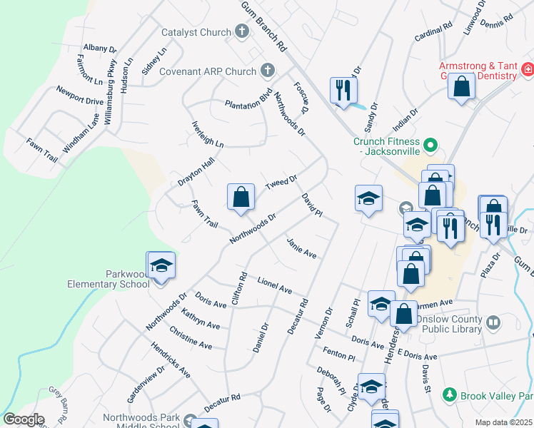map of restaurants, bars, coffee shops, grocery stores, and more near 2614 Northwoods Drive in Jacksonville