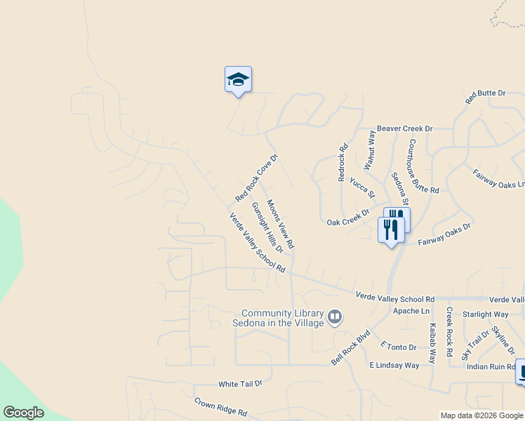 map of restaurants, bars, coffee shops, grocery stores, and more near 155 Gunsight Hills Drive in Sedona